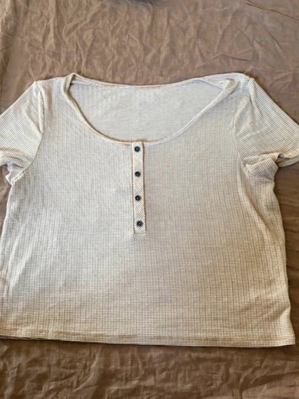 American Eagle Mustard/Brown & White Striped Button Front Top | Short Sleeve | S